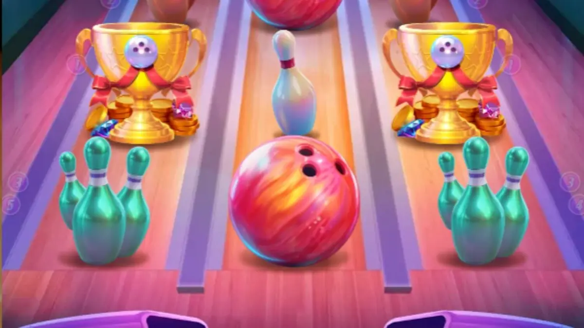 Tampilan visual neon dari slot Perfect Strike dengan tema bowling